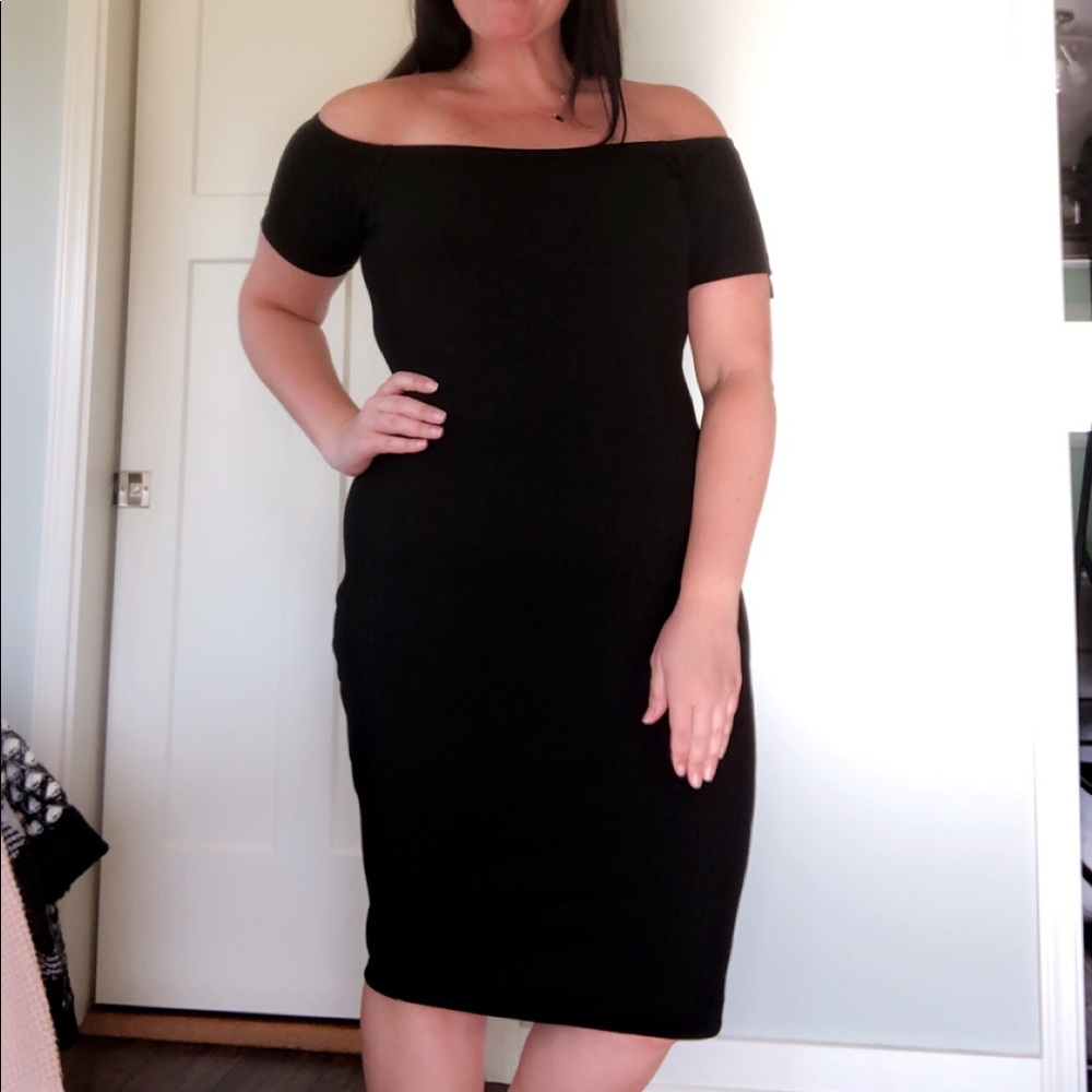 Michael Kors off the should black midi dress